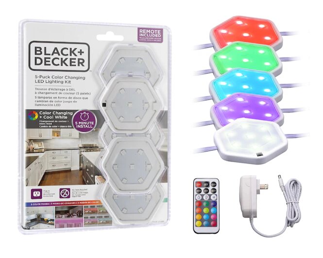 A hexagonal LED puck light with a molded plastic housing.