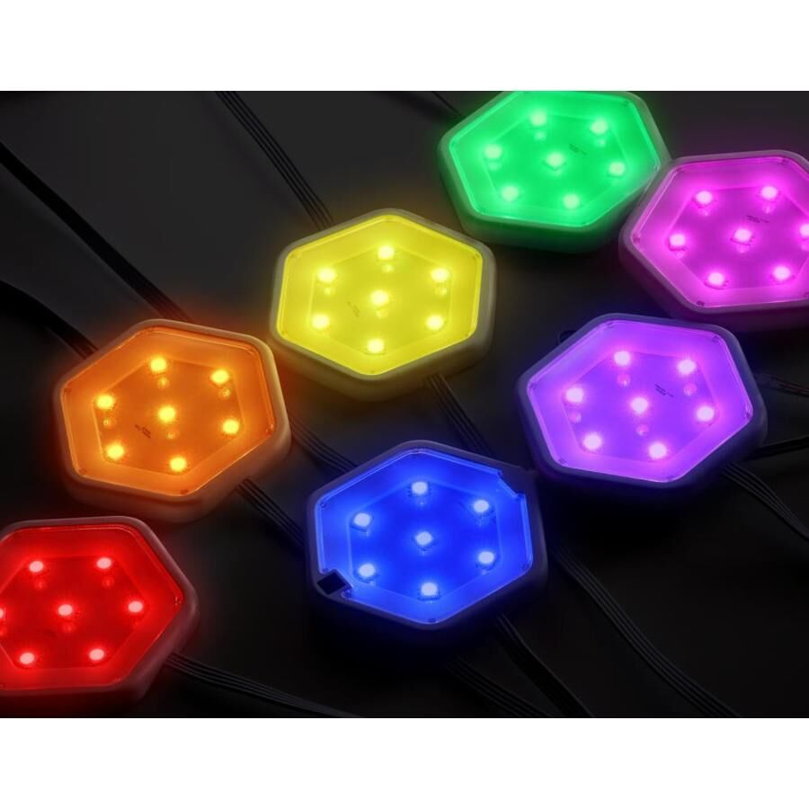 Six hexagonal LED puck lights glowing in different colours, each a small molded plastic housing.