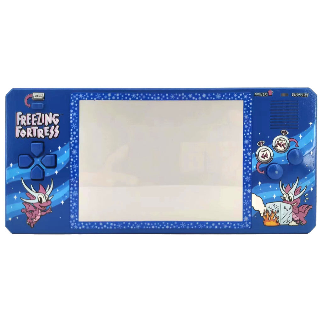 The same blue handheld with a plain white blank screen and Freezing Fortress artwork around it.